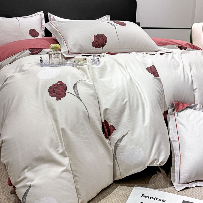 91家纺网 家纺一手货源 找家纺 红日子纺织品 2025新款50s全棉纯棉印花四件套 红玫瑰