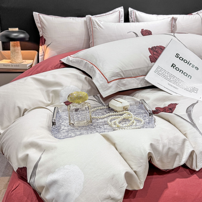 91家纺网 家纺一手货源 找家纺 红日子纺织品 2025新款50s全棉纯棉印花四件套 红玫瑰