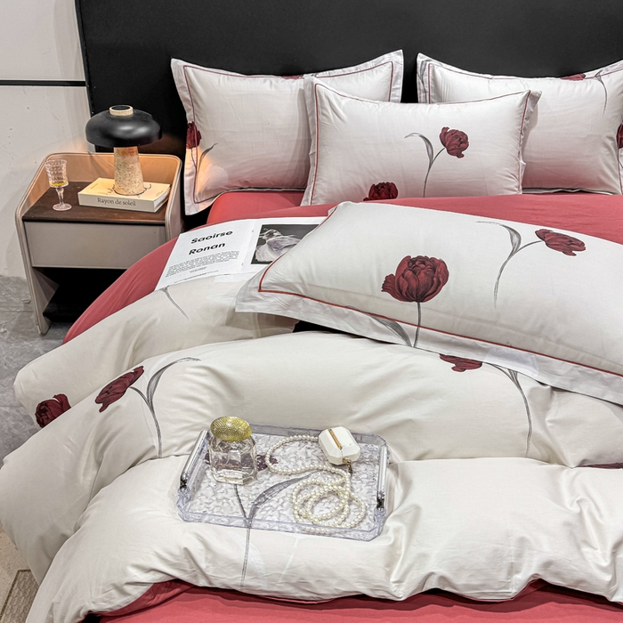 91家纺网 家纺一手货源 找家纺 红日子纺织品 2025新款50s全棉纯棉印花四件套 红玫瑰