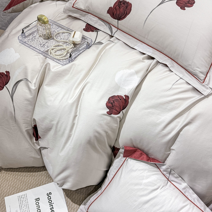 91家纺网 家纺一手货源 找家纺 红日子纺织品 2025新款50s全棉纯棉印花四件套 红玫瑰