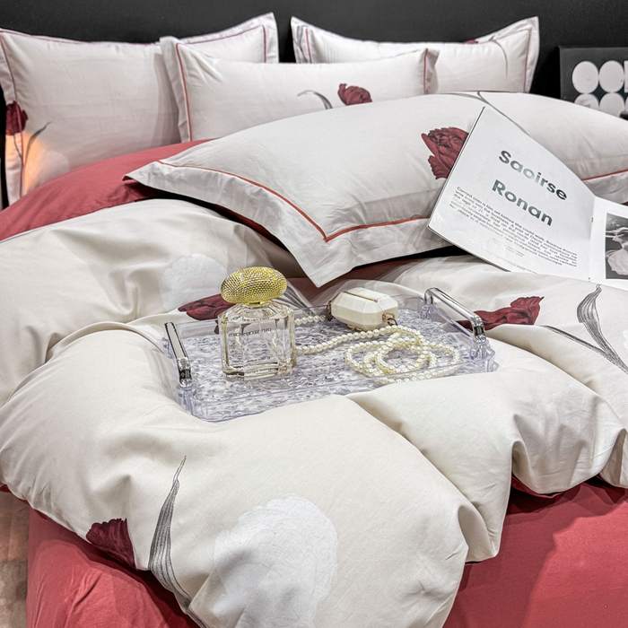 91家纺网 家纺一手货源 找家纺 红日子纺织品 2025新款50s全棉纯棉印花四件套 红玫瑰