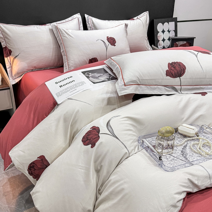 91家纺网 家纺一手货源 找家纺 红日子纺织品 2025新款50s全棉纯棉印花四件套 红玫瑰