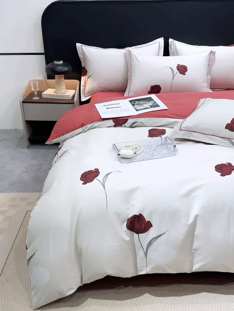 91家纺网 家纺一手货源 找家纺 红日子纺织品 2025新款50s全棉纯棉印花四件套 红玫瑰