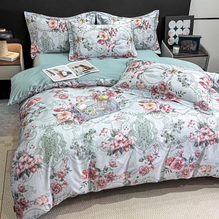 91家纺网 家纺一手货源 找家纺 红日子纺织品 2025新款50s全棉纯棉印花四件套 罗莉莎-绿