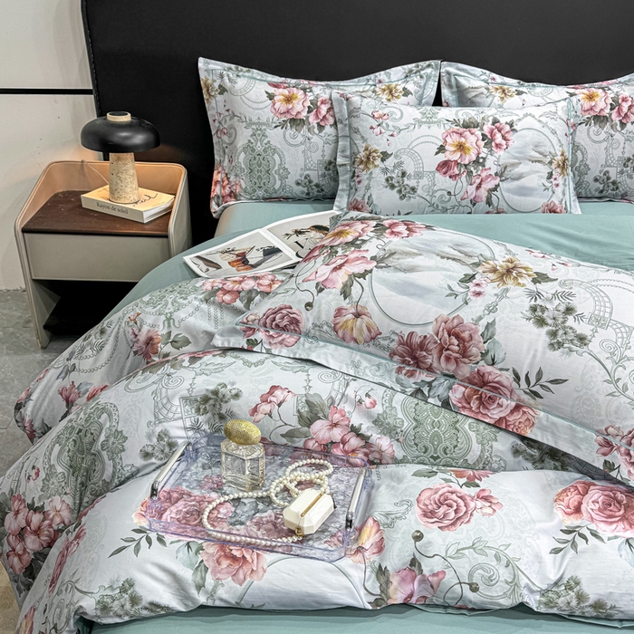 91家纺网 家纺一手货源 找家纺 红日子纺织品 2025新款50s全棉纯棉印花四件套 罗莉莎-绿