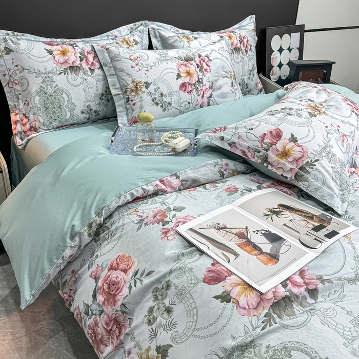 91家纺网 家纺一手货源 找家纺 红日子纺织品 2025新款50s全棉纯棉印花四件套 罗莉莎-绿