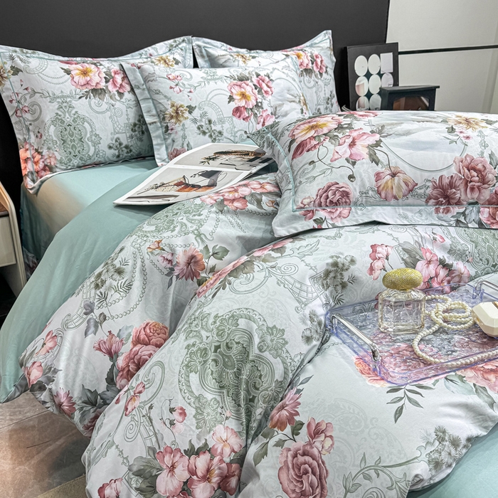 91家纺网 家纺一手货源 找家纺 红日子纺织品 2025新款50s全棉纯棉印花四件套 罗莉莎-绿