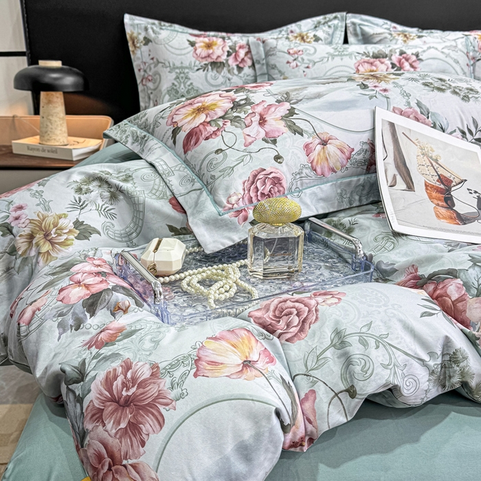 91家纺网 家纺一手货源 找家纺 红日子纺织品 2025新款50s全棉纯棉印花四件套 罗莉莎-绿