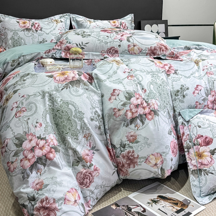 91家纺网 家纺一手货源 找家纺 红日子纺织品 2025新款50s全棉纯棉印花四件套 罗莉莎-绿