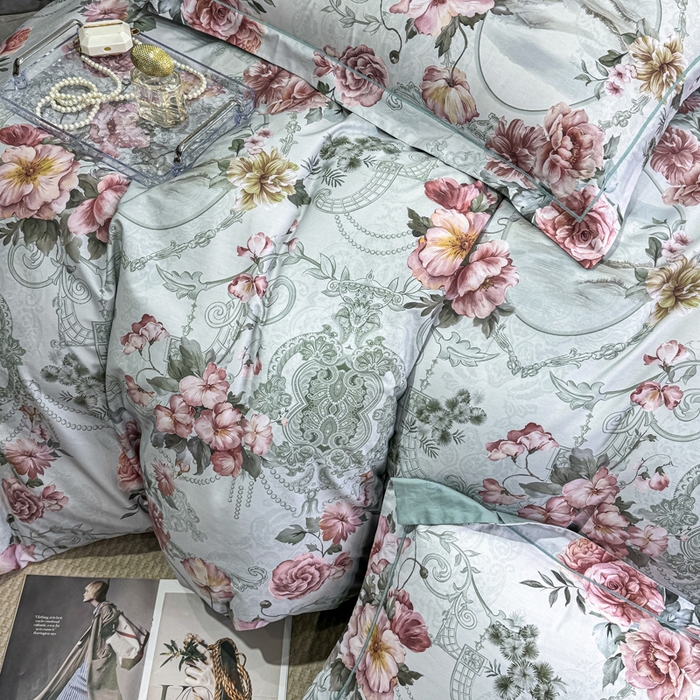 91家纺网 家纺一手货源 找家纺 红日子纺织品 2025新款50s全棉纯棉印花四件套 罗莉莎-绿