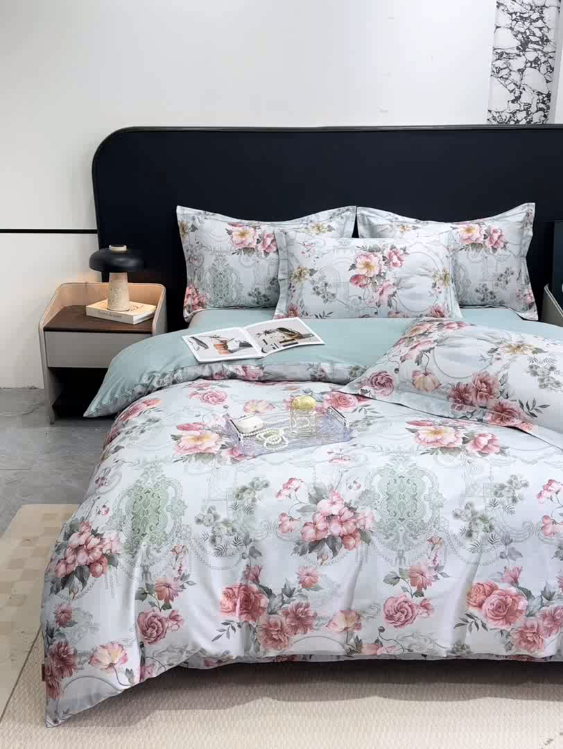 91家纺网 家纺一手货源 找家纺 红日子纺织品 2025新款50s全棉纯棉印花四件套 罗莉莎-绿