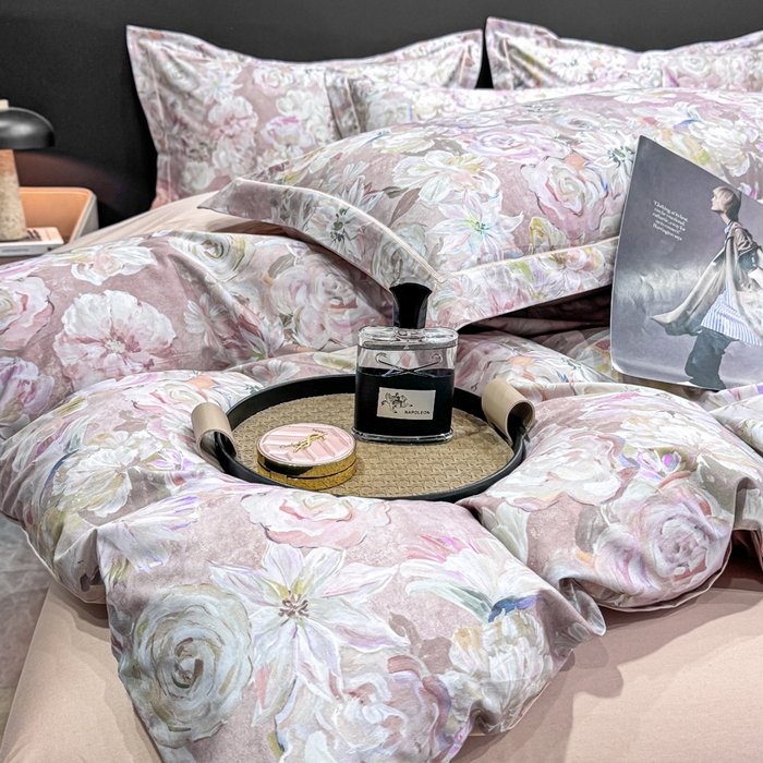 91家纺网 家纺一手货源 找家纺 红日子纺织品 2025新款50s全棉纯棉印花四件套 陌上繁花-粉