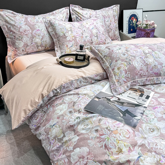 91家纺网 家纺一手货源 找家纺 红日子纺织品 2025新款50s全棉纯棉印花四件套 陌上繁花-粉