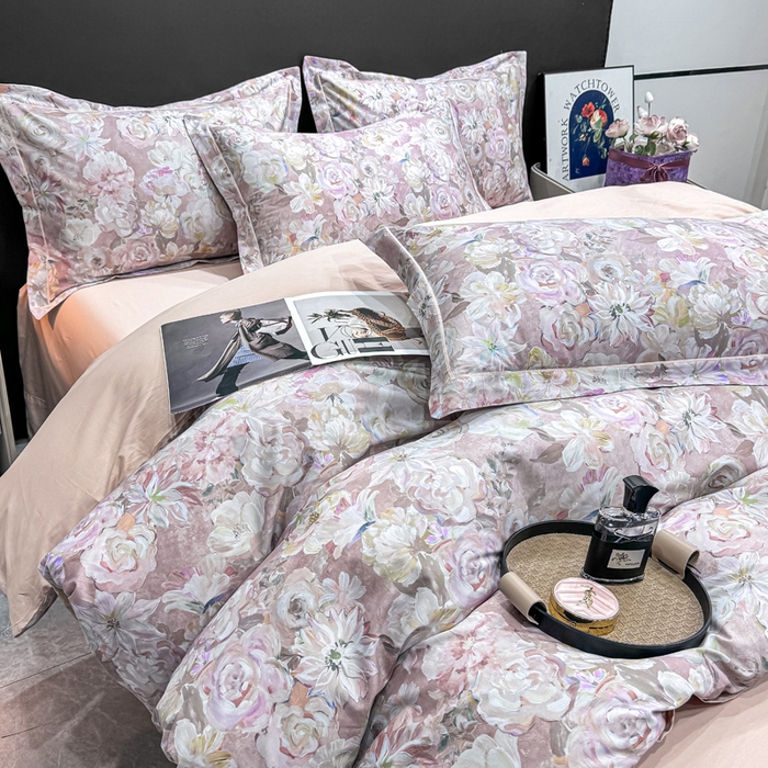 91家纺网 家纺一手货源 找家纺 红日子纺织品 2025新款50s全棉纯棉印花四件套 陌上繁花-粉