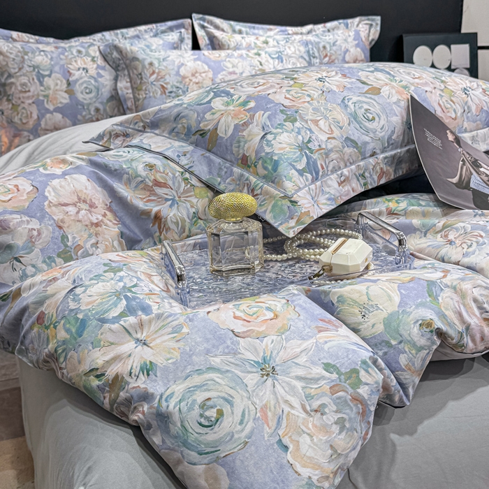 91家纺网 家纺一手货源 找家纺 红日子纺织品 2025新款50s全棉纯棉印花四件套 陌上繁花-兰