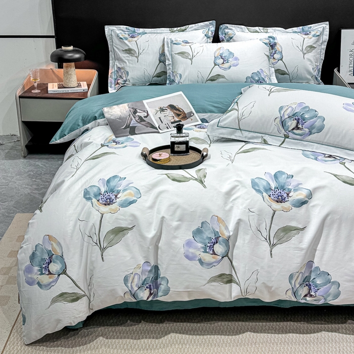 红日子纺织品 2025新款50s全棉纯棉印花四件套 佩利-蓝