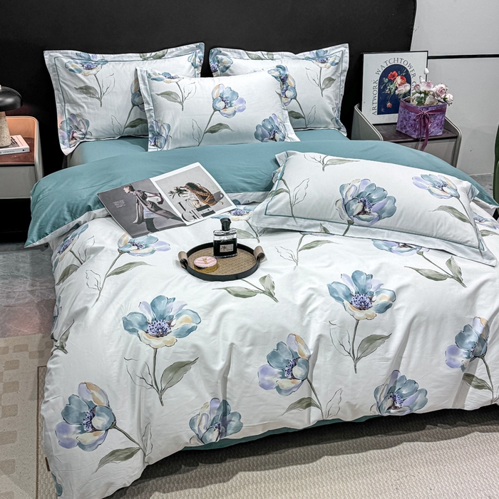 91家纺网 家纺一手货源 找家纺 红日子纺织品 2025新款50s全棉纯棉印花四件套 佩利-蓝