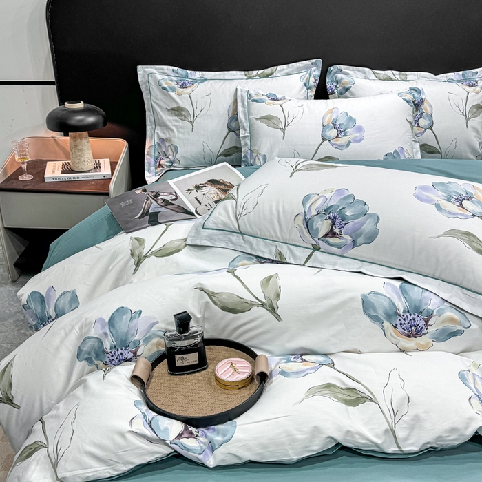 91家纺网 家纺一手货源 找家纺 红日子纺织品 2025新款50s全棉纯棉印花四件套 佩利-蓝