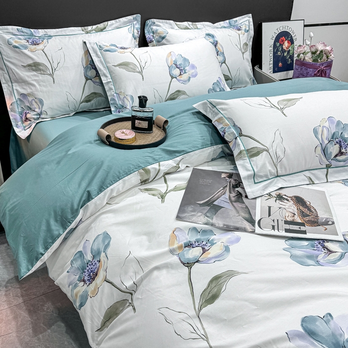 91家纺网 家纺一手货源 找家纺 红日子纺织品 2025新款50s全棉纯棉印花四件套 佩利-蓝