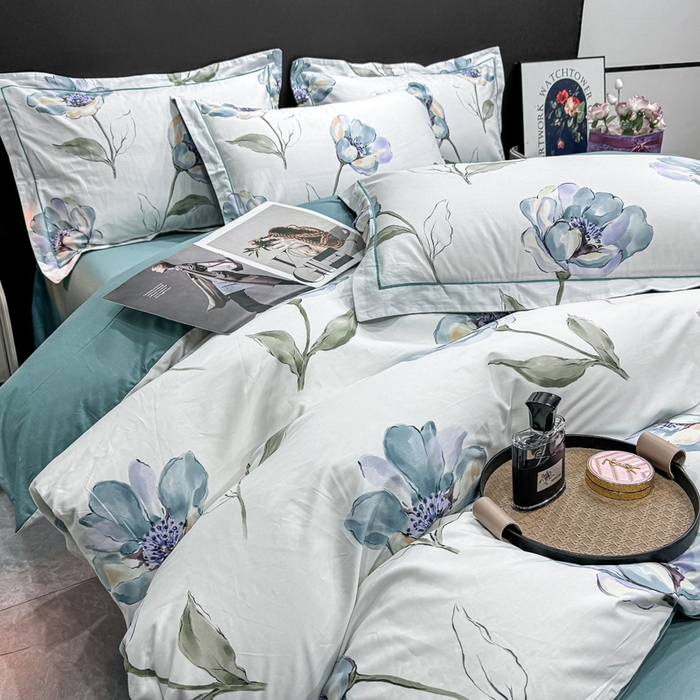 91家纺网 家纺一手货源 找家纺 红日子纺织品 2025新款50s全棉纯棉印花四件套 佩利-蓝