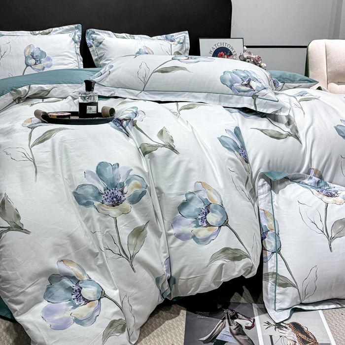 91家纺网 家纺一手货源 找家纺 红日子纺织品 2025新款50s全棉纯棉印花四件套 佩利-蓝