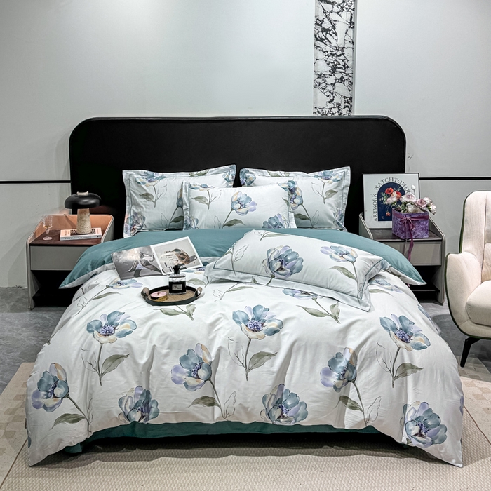 91家纺网 家纺一手货源 找家纺 红日子纺织品 2025新款50s全棉纯棉印花四件套 佩利-蓝