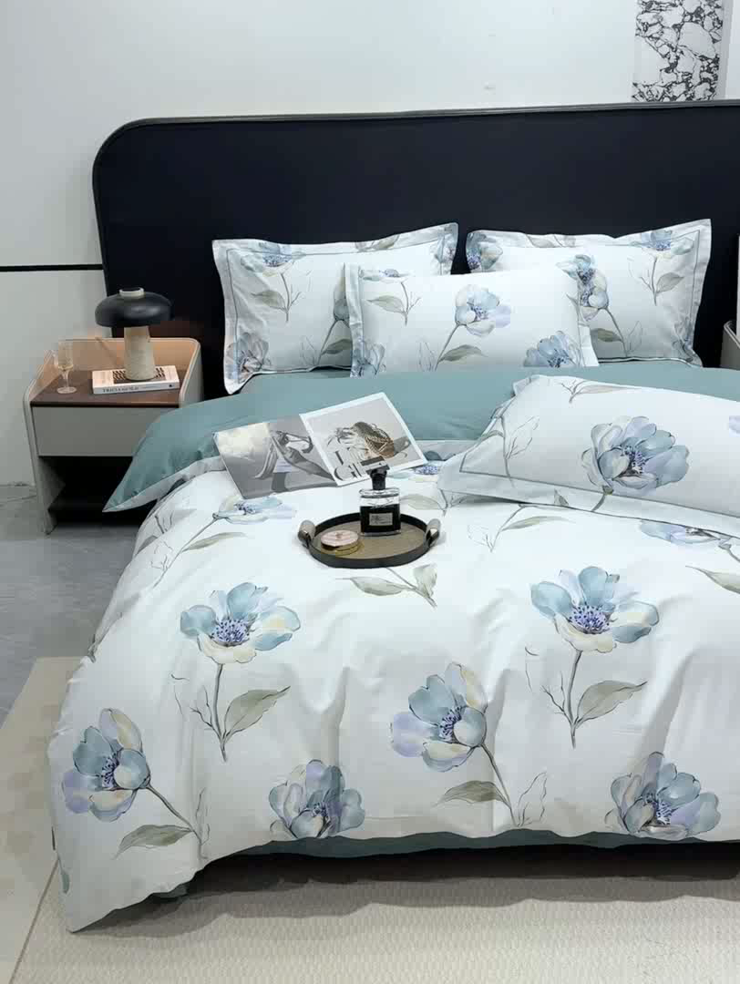 91家纺网 家纺一手货源 找家纺 红日子纺织品 2025新款50s全棉纯棉印花四件套 佩利-蓝