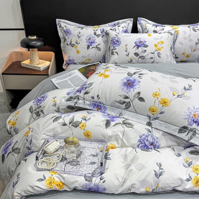 91家纺网 家纺一手货源 找家纺 红日子纺织品 2025新款50s全棉纯棉印花四件套 千予-浅紫