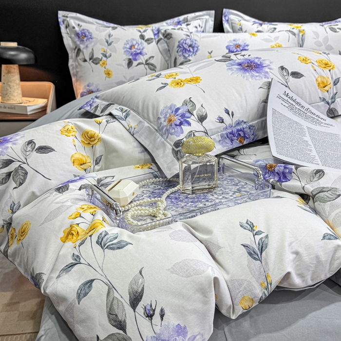 91家纺网 家纺一手货源 找家纺 红日子纺织品 2025新款50s全棉纯棉印花四件套 千予-浅紫