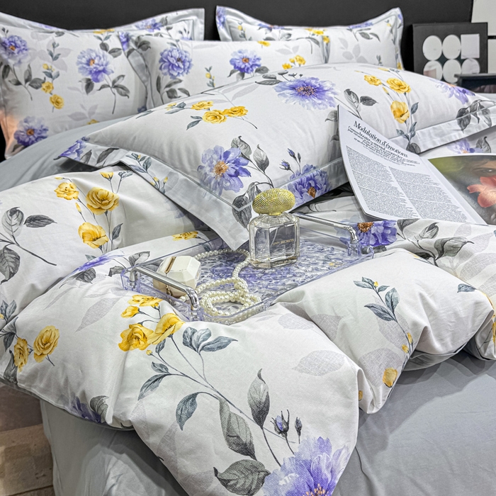 91家纺网 家纺一手货源 找家纺 红日子纺织品 2025新款50s全棉纯棉印花四件套 千予-浅紫