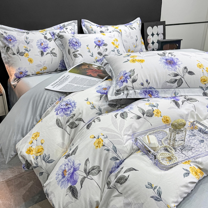 91家纺网 家纺一手货源 找家纺 红日子纺织品 2025新款50s全棉纯棉印花四件套 千予-浅紫