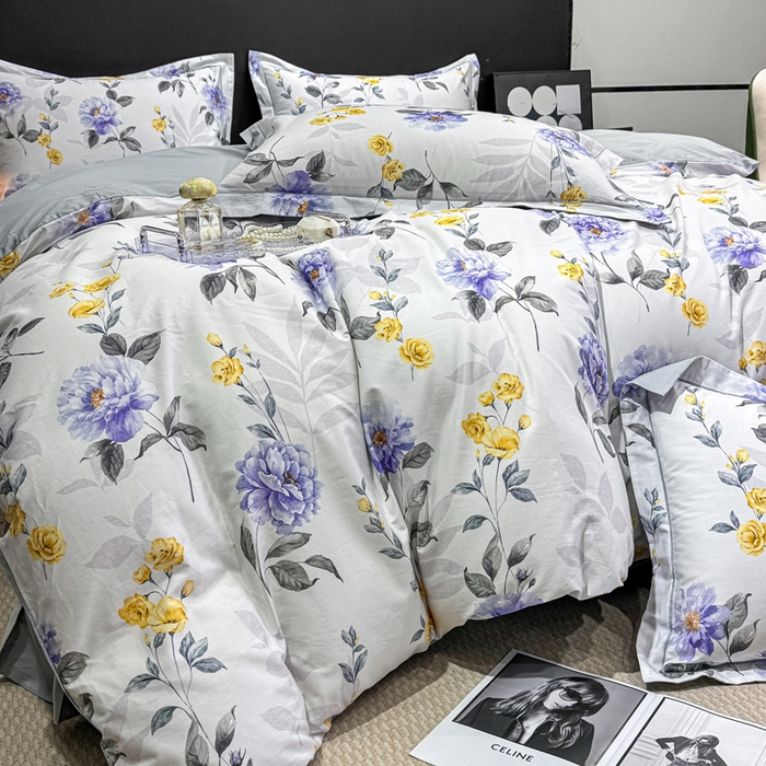 91家纺网 家纺一手货源 找家纺 红日子纺织品 2025新款50s全棉纯棉印花四件套 千予-浅紫