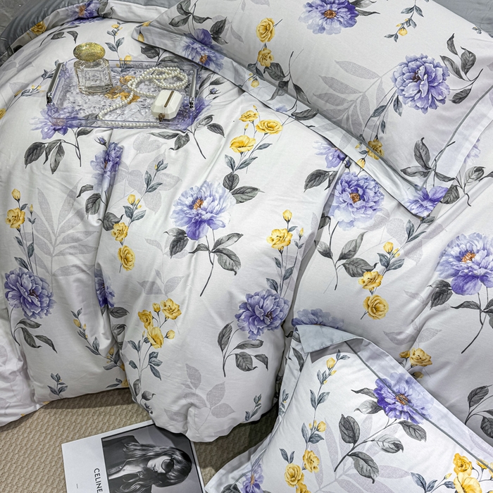 91家纺网 家纺一手货源 找家纺 红日子纺织品 2025新款50s全棉纯棉印花四件套 千予-浅紫