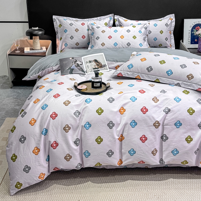 红日子纺织品 2025新款50s全棉纯棉印花四件套 幸运四叶草-粉