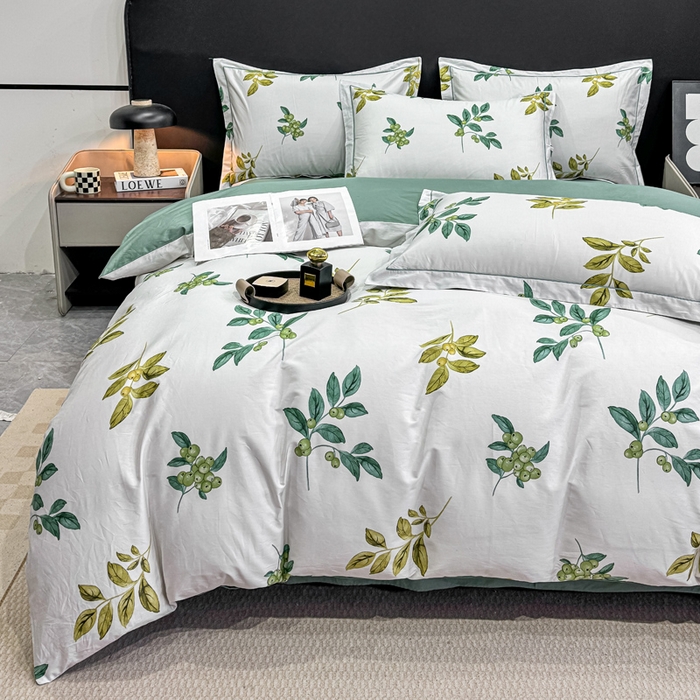 红日子纺织品 2025新款50s全棉纯棉印花四件套 叶叶情深-绿