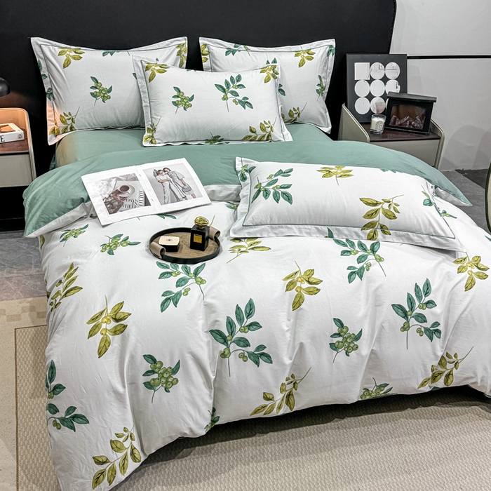 91家纺网 家纺一手货源 找家纺 红日子纺织品 2025新款50s全棉纯棉印花四件套 叶叶情深-绿