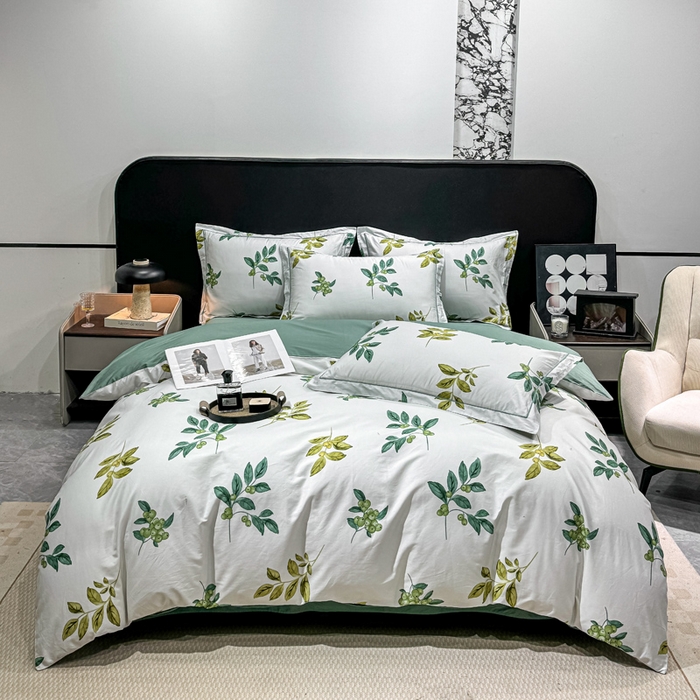 91家纺网 家纺一手货源 找家纺 红日子纺织品 2025新款50s全棉纯棉印花四件套 叶叶情深-绿