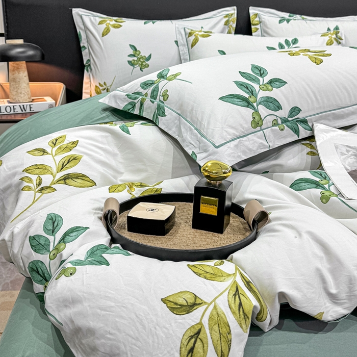 91家纺网 家纺一手货源 找家纺 红日子纺织品 2025新款50s全棉纯棉印花四件套 叶叶情深-绿