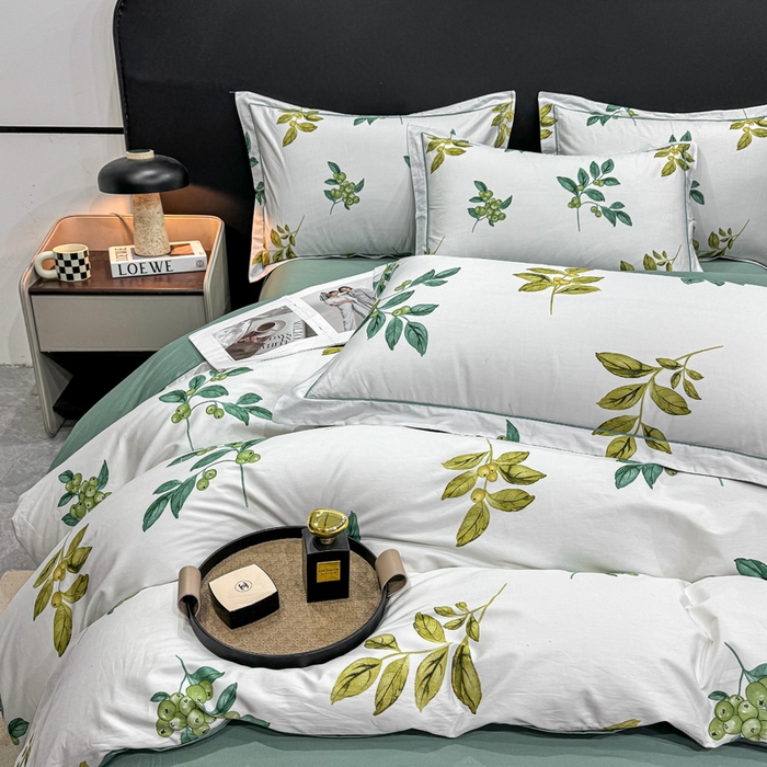 91家纺网 家纺一手货源 找家纺 红日子纺织品 2025新款50s全棉纯棉印花四件套 叶叶情深-绿