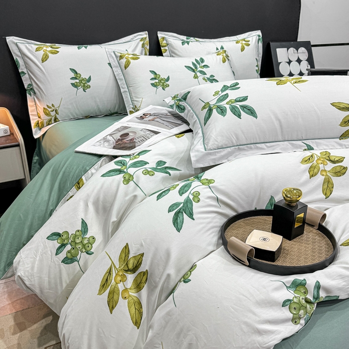 91家纺网 家纺一手货源 找家纺 红日子纺织品 2025新款50s全棉纯棉印花四件套 叶叶情深-绿