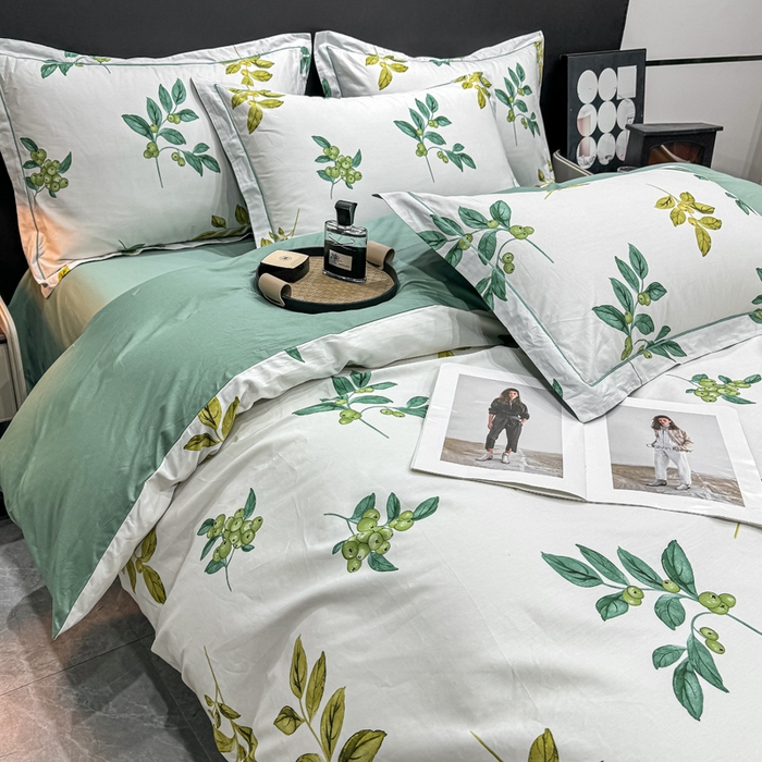 91家纺网 家纺一手货源 找家纺 红日子纺织品 2025新款50s全棉纯棉印花四件套 叶叶情深-绿