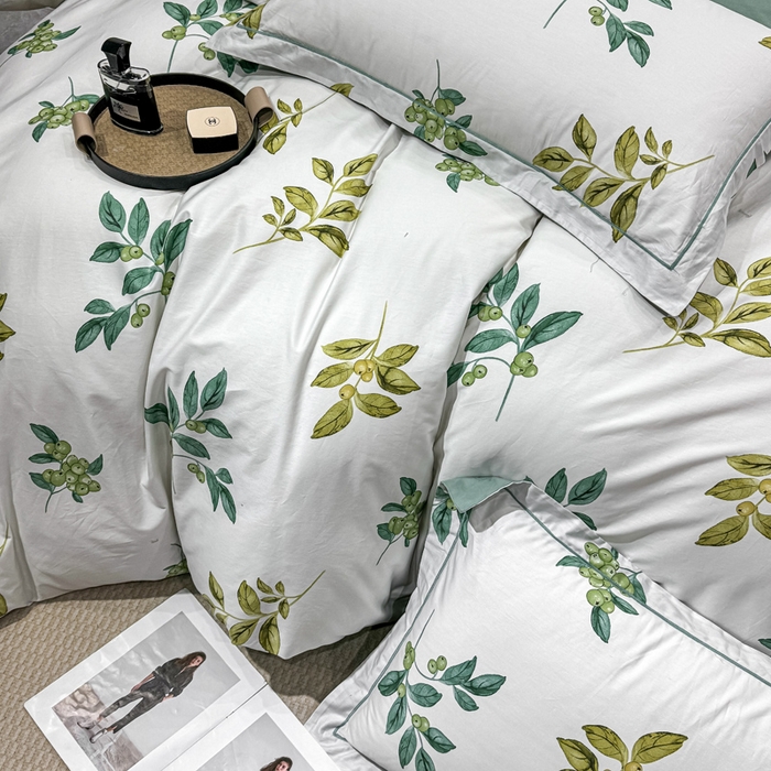 91家纺网 家纺一手货源 找家纺 红日子纺织品 2025新款50s全棉纯棉印花四件套 叶叶情深-绿