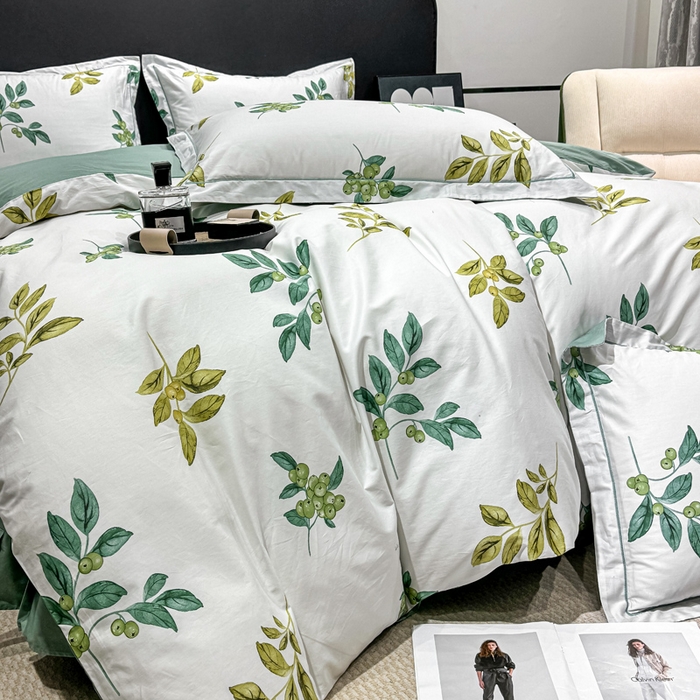 91家纺网 家纺一手货源 找家纺 红日子纺织品 2025新款50s全棉纯棉印花四件套 叶叶情深-绿