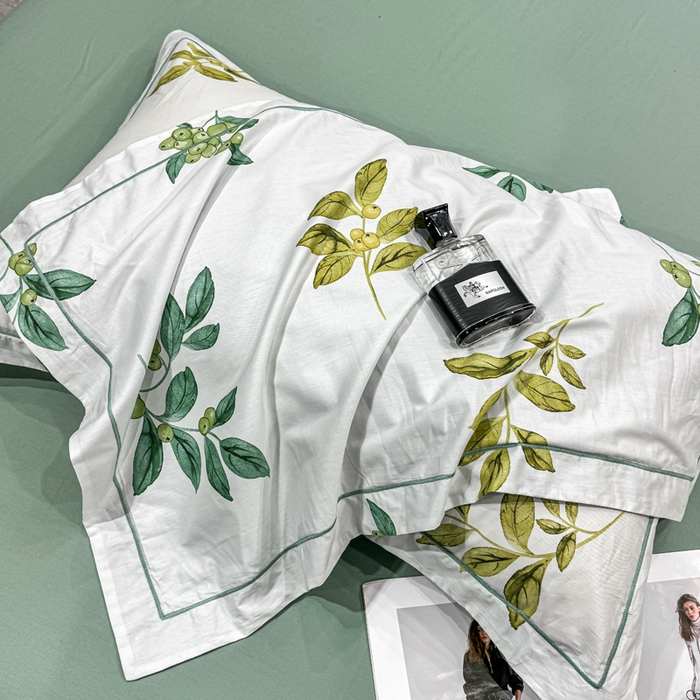 91家纺网 家纺一手货源 找家纺 红日子纺织品 2025新款50s全棉纯棉印花四件套 叶叶情深-绿