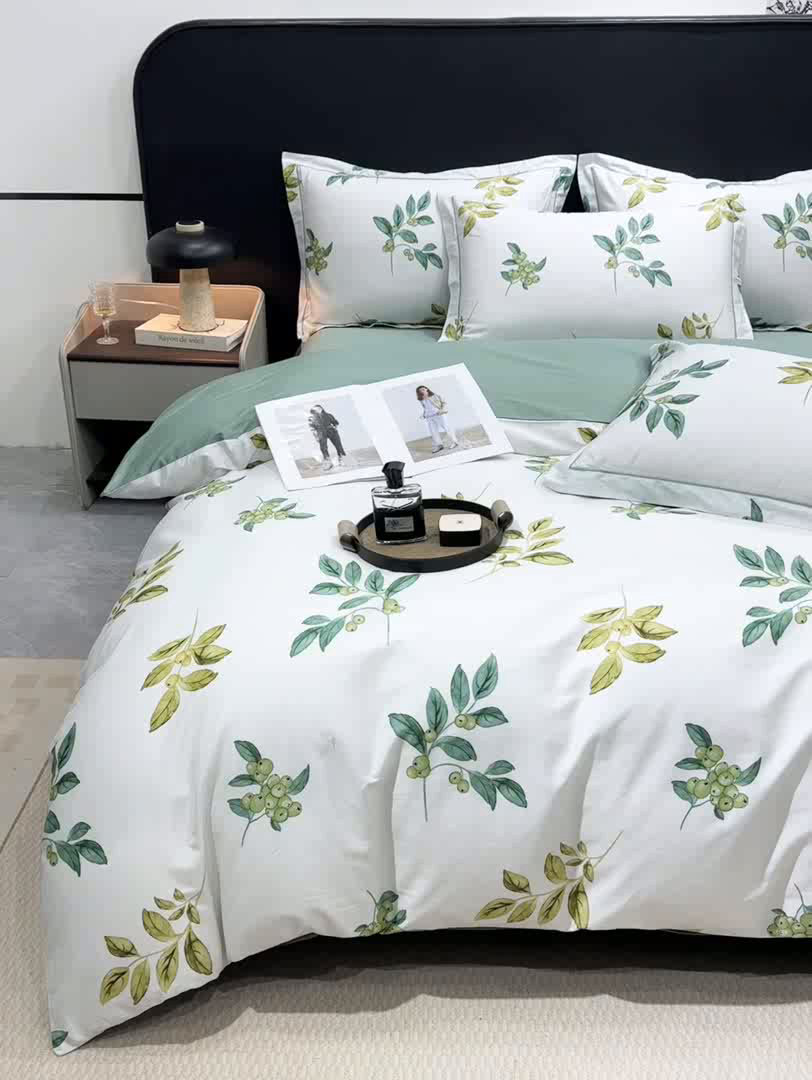 91家纺网 家纺一手货源 找家纺 红日子纺织品 2025新款50s全棉纯棉印花四件套 叶叶情深-绿