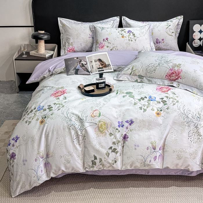 红日子纺织品 2025新款50s全棉纯棉印花四件套 叶雨-绿