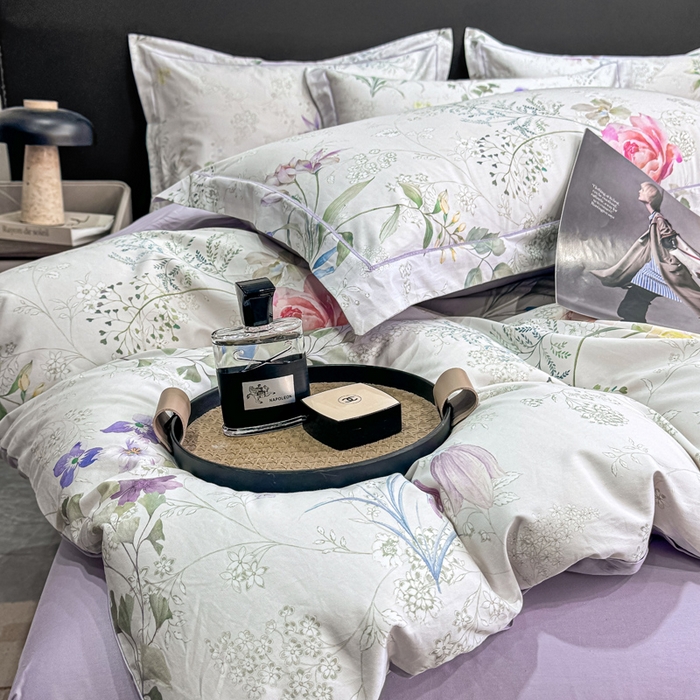 91家纺网 家纺一手货源 找家纺 红日子纺织品 2025新款50s全棉纯棉印花四件套 叶雨-绿