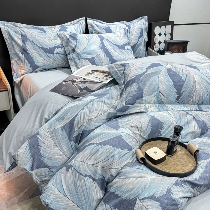 91家纺网 家纺一手货源 找家纺 红日子纺织品 2025新款50s全棉纯棉印花四件套 羽蓝