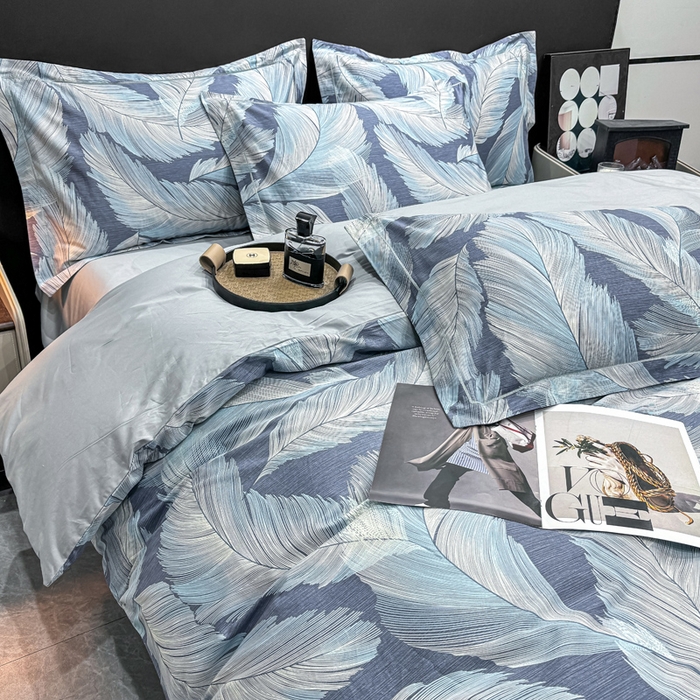 91家纺网 家纺一手货源 找家纺 红日子纺织品 2025新款50s全棉纯棉印花四件套 羽蓝