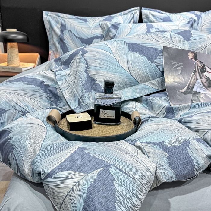 91家纺网 家纺一手货源 找家纺 红日子纺织品 2025新款50s全棉纯棉印花四件套 羽蓝